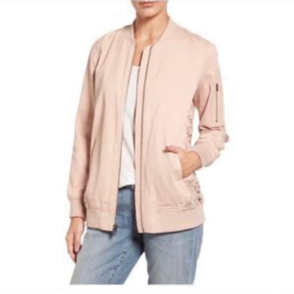 Chelsea28 Light Pink Bomber Jacket with Lace Detail. Size M